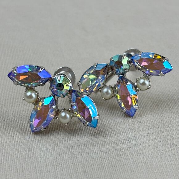 B. David Aurora Borealis Marquis Rhinestone Screw Back Clip On Vintage Earrings - Picture 10 of 12